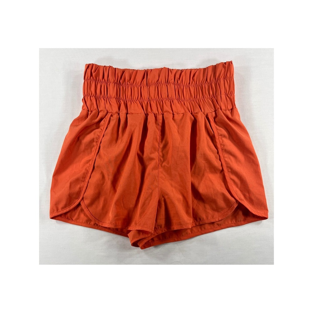 New In Womens High Waisted Smocked Athletic Shorts Orange Size M Running Gym